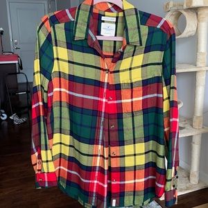 American eagle button down plaid red green yellow white